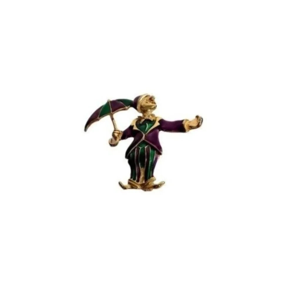 Vintage Clown with Umbrella Enameled Brooch 1950's‎ Gold Tone Colorful Purple
